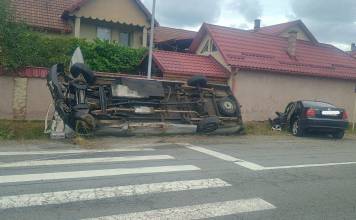 FOTO/VIDEO: Microbuz cu 6 persoane, răsturnat la intersecția Drumului de centură al Bistriței cu Drumul Dumitrei Vechi